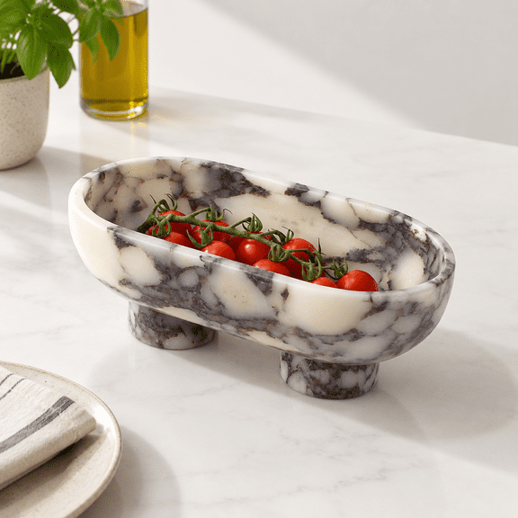 Calacatta Viola Marble Oval Large Decorative Fruit Bowl for Kitchen Counter and Dining Table