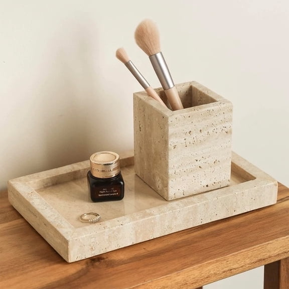 Calacatta Viola Marble Pen Holder, Natural Stone Desk Organizer with Non-Slip Base for Makeup Brushes, Makeup Organizer, Office Supplies Storage, Elegant Desktop Vanity Tray for Home Bathroom