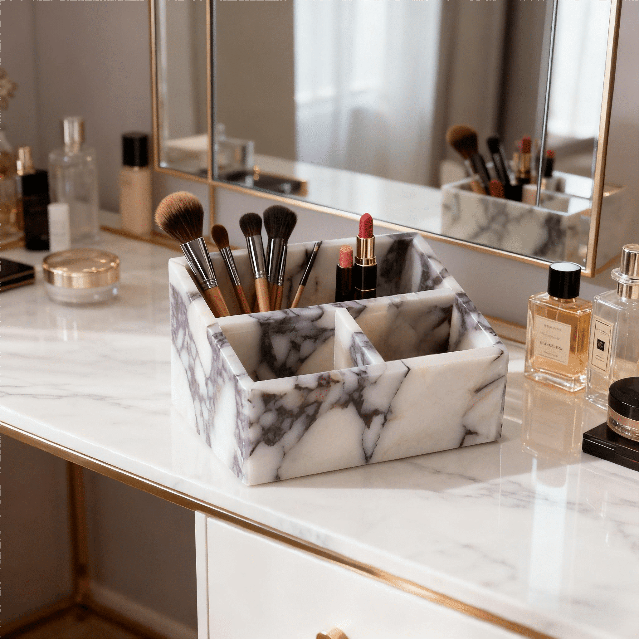 Calacatta Viola Marble Storage Organizer with Compartments - Multi-Purpose Desktop, Natural Stone Vanity Bathroom Office Kitchen Tray