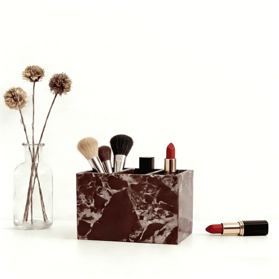 Calacatta Viola Natural Marble Desk Organizer - 3-Compartment Stone Storage Holder with Non-Slip Base for Pens, Makeup Brushes, Office Supplies & Bathroom Tools