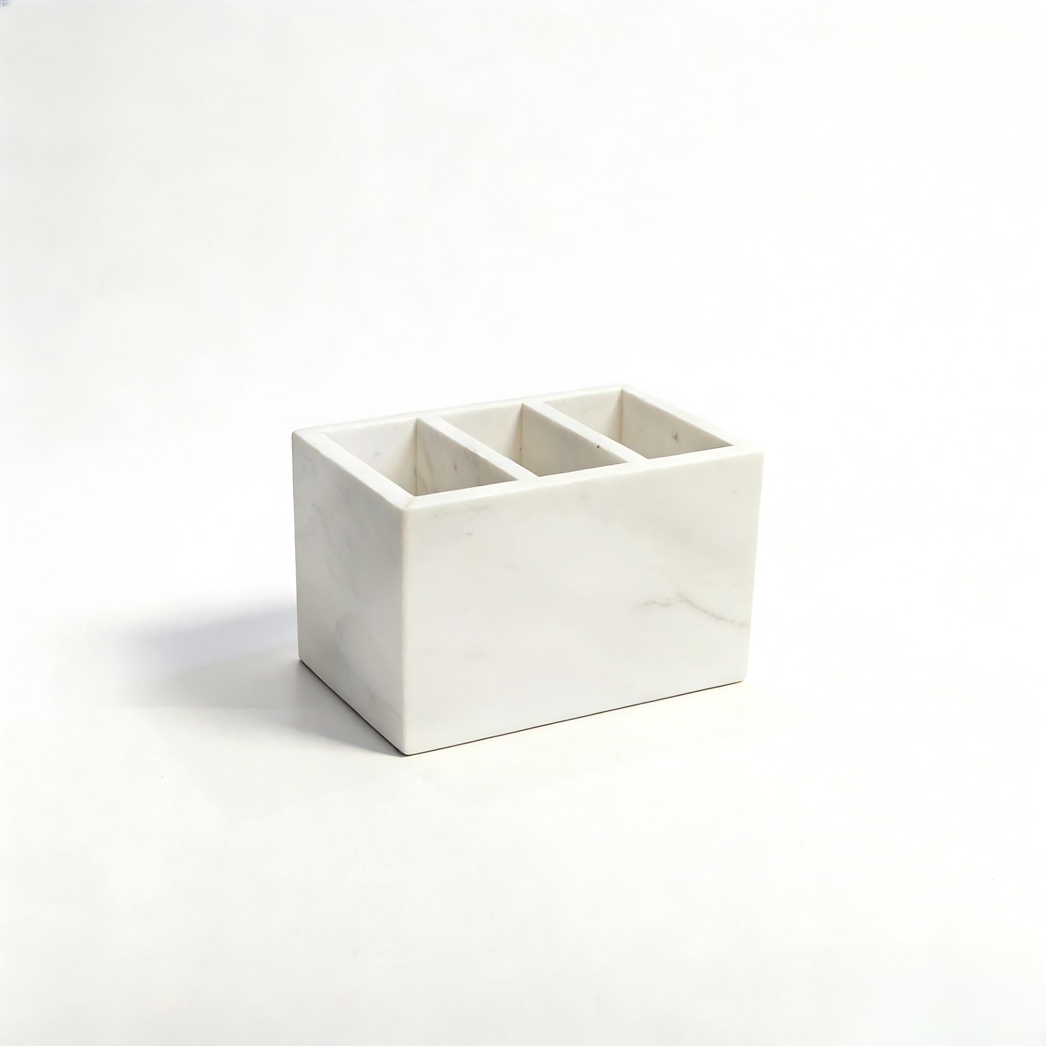 Calacatta Viola Natural Marble Desk Organizer - 3-Compartment Stone Storage Holder with Non-Slip Base for Pens, Makeup Brushes, Office Supplies & Bathroom Tools