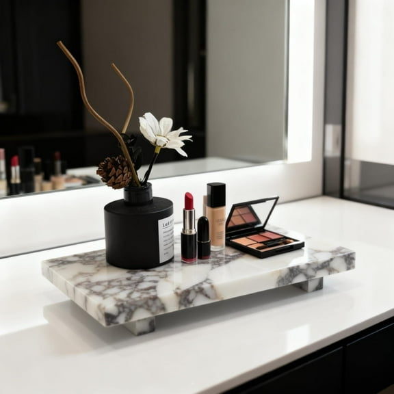 Calacatta Violet Marble Pedestal Stand Tray, Versatile Organizer for Bathroom Vanity, Makeup Dressing Table, Natural Stone Home Decor