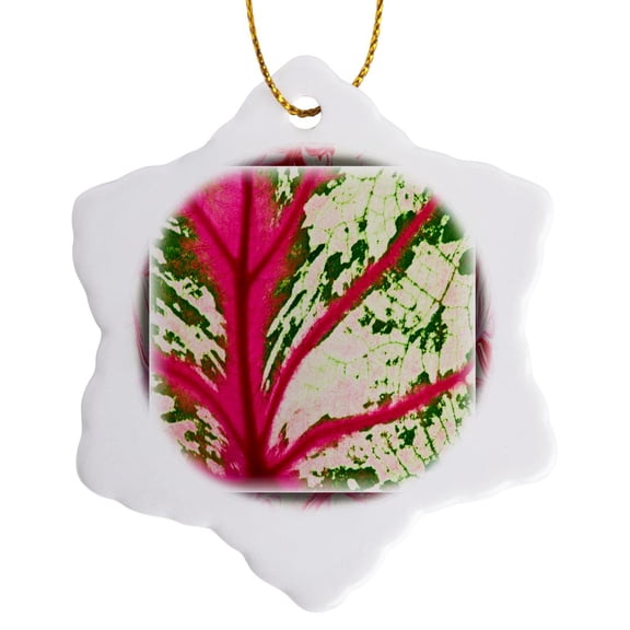 3drose, Caladium Leaf Detail, 3 inch Snowflake Porcelain Ornament