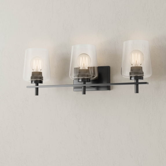 Calais Collection Three-Light Matte Black Clear Glass New Traditional Bath Vanity Light