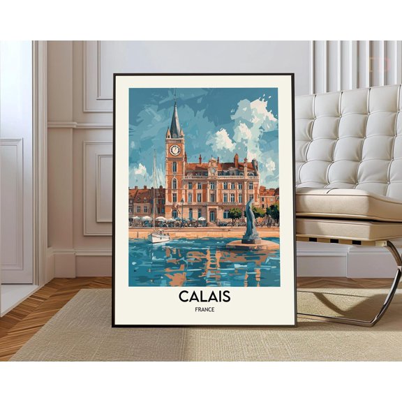 Calais France Port City Poster, Stretched Canvas 12x16in