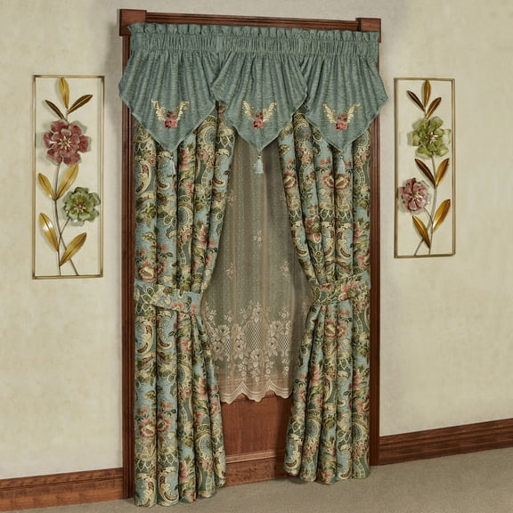 Calais Jacobean Floral Window Treatment, Teal Ascot Valances - 95L Wide Curtains Set