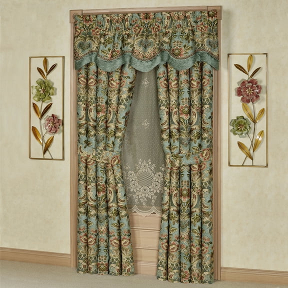 Calais Jacobean Floral Window Treatment, Teal Scallop Valance - 95L Wide Curtains Set