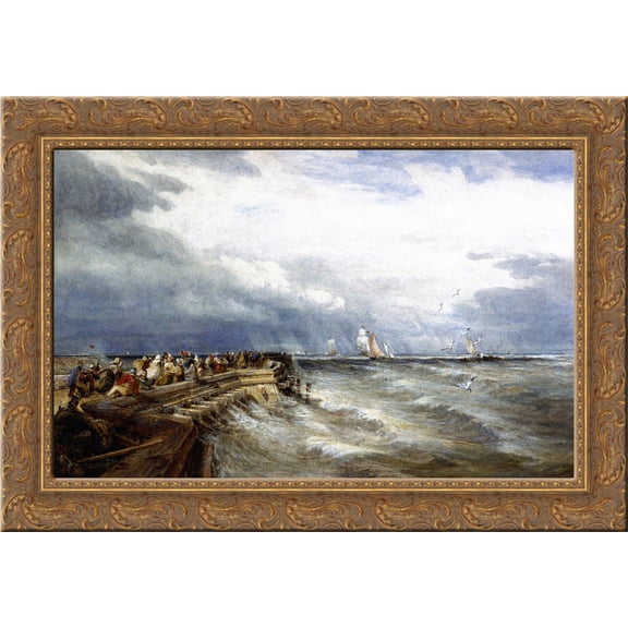 Calais Pier 24x18 Gold Ornate Wood Framed Canvas Art by David Cox