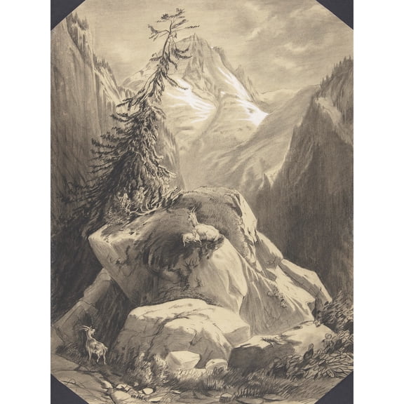 Calame Three Goats Moutainous Landscape Drawing Extra Large XL Wall Art Poster Print