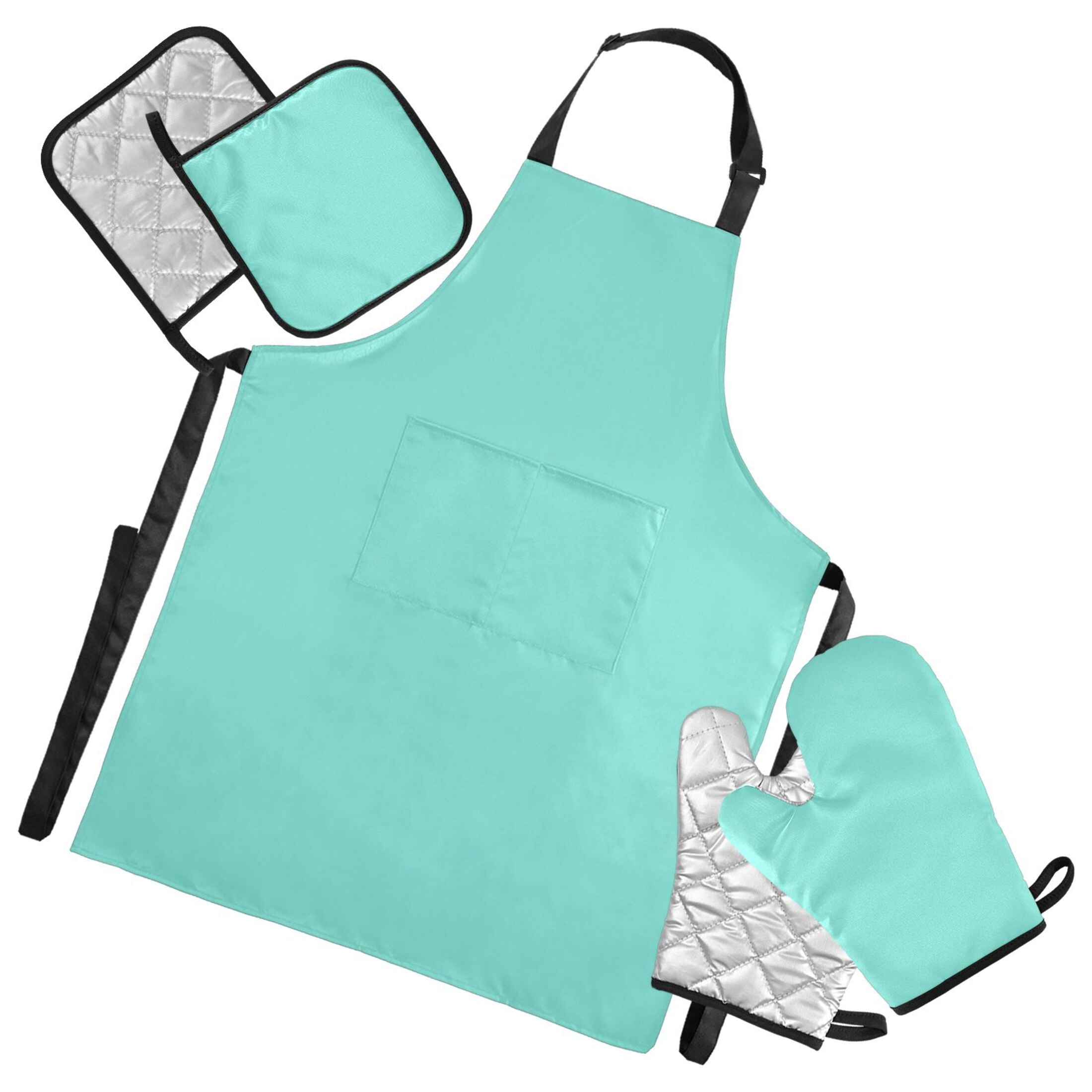 Calamine Blue 5 Pcs Kitchen Set Heat Resistant Oven Mitts and Non-Slip Pot Holders with Adjustable Cooking Apron