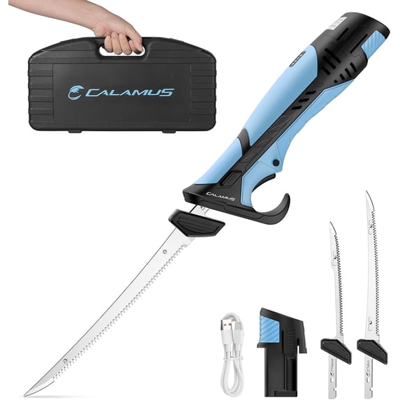 Calamus BladeVolt Rechargeable Cordless Electric Fillet Knife with 7" & 9" Blades, Angler Pack (2 Blades +1 Battery Pack) Fishing Gear and Gifts for Men