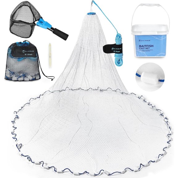 Calamus Cast Net, 3/8" Mesh, 3-6 ft Radius, Nylon Sinking Line, Storage Bucket Baitfish