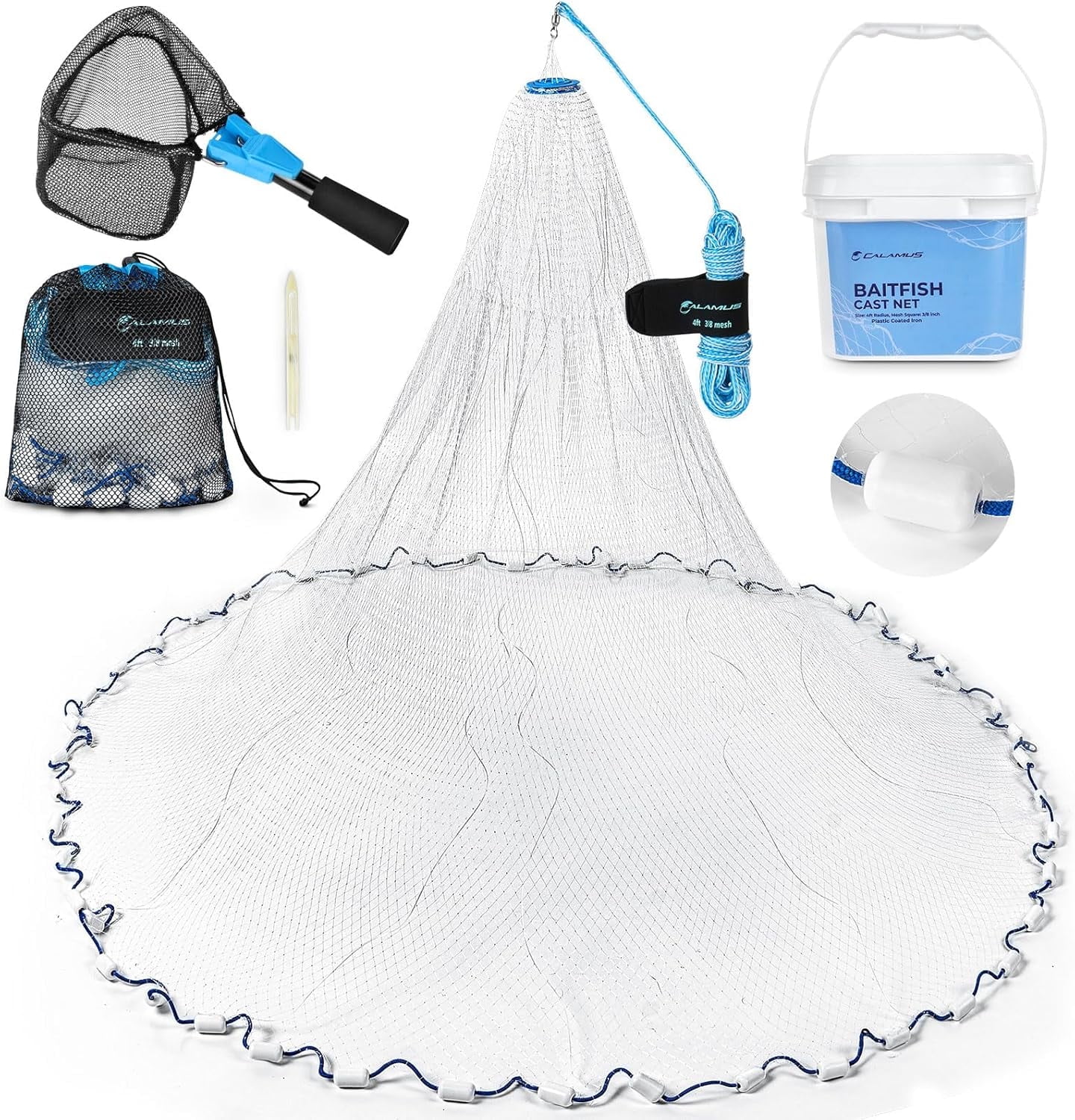 Calamus Cast Net 3/8" Mesh for Freshwater and Saltwater, Fishing Net 36ft Radius, Heavy-Duty Line, Bag & Repair Kit Calamus Cast Net 3/8" Mesh for Freshwater and Saltwater, Fishing Net 36ft Radius, Heavy-Duty Line, Bag & Repair Kit