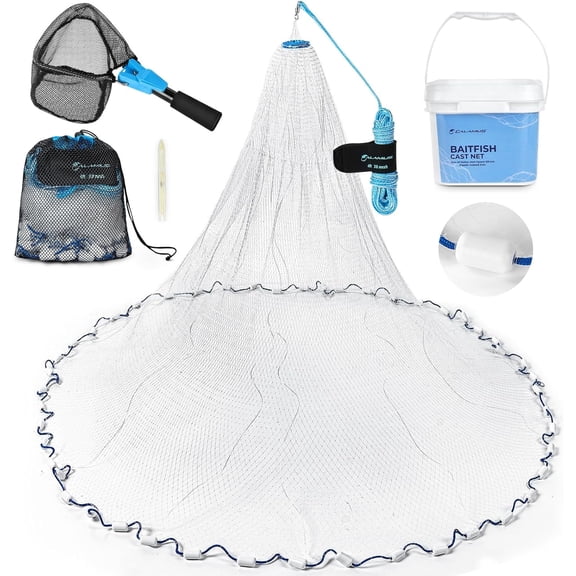 Calamus Cast Net, 3/8" Mesh, 3-6 ft Radius, Nylon Sinking Line, Storage Bucket Baitfish