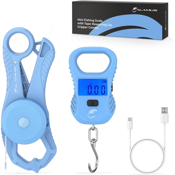 Calamus Lightweight Fish Scale & Lip Grip Combo, Rechargeable Digital Scale with USB Cable, 55lb Capacity, Lip Gripper with Soft Retractable and Detachable Measuring Tape, Fishing Gifts for Men