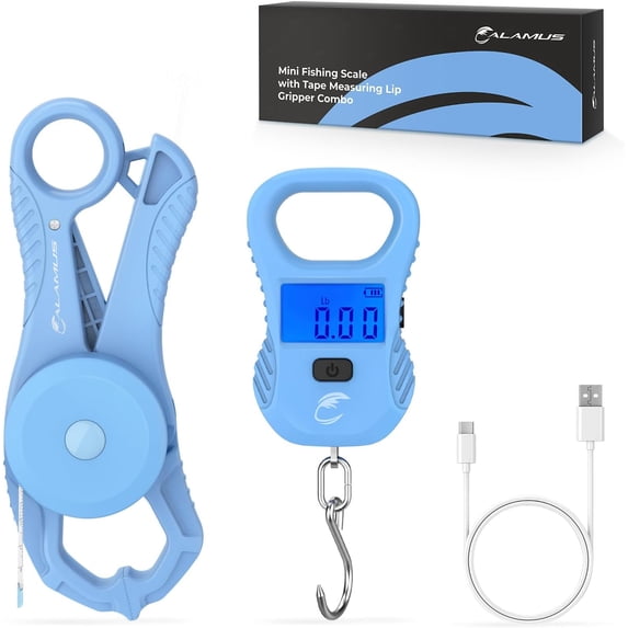 Calamus Lightweight Fish Scale & Lip Grip Combo, Rechargeable Digital Scale with USB Cable, 55lb Capacity, Lip Gripper with Soft Retractable and Detachable Measuring Tape, Fishing Gifts for Men