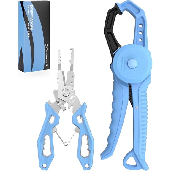 Calamus 2 Pc Fishing Tool Kit, Corrosion-Resistant Pliers, Lip Gripper, Fillet Knife, Scale, Retractor, Gloves, Scissors & Pocket Knife, Fishing Gear Set-DriftWave