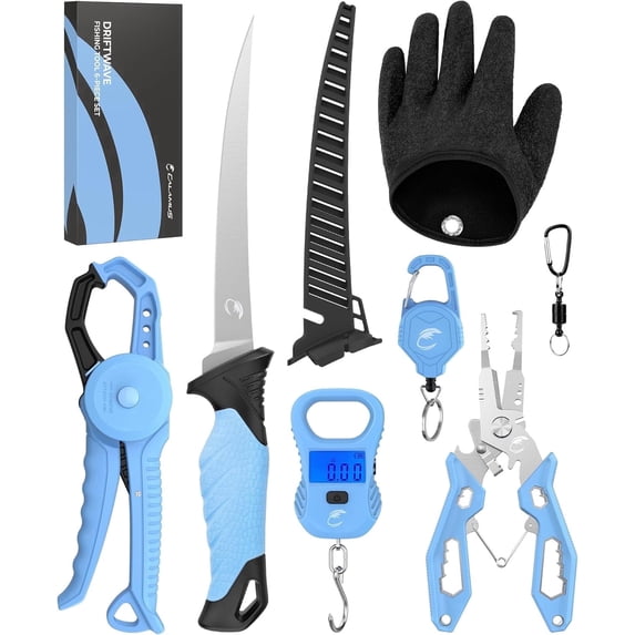 Calamus 6 Pc Fishing Tool Kit, Corrosion-Resistant Pliers, Lip Gripper, Fillet Knife, Scale, Retractor, Gloves, Scissors & Pocket Knife, Fishing Gear Set-DriftWave