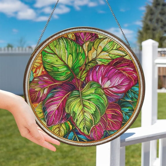 Calathea Medallion Glass Suncatcher, Tropical Plant Window Hanging, Botanical Lover, 3.5 in