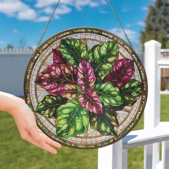 Calathea Medallion Glass Suncatcher, Window Hanging Decor, Plant Lover Art v3, 3.5 in