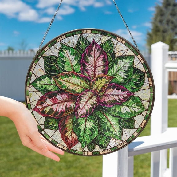 Calathea Medallion Glass Suncatcher, Window Hanging Decor, Plant Lover Art v4, 3.5 in