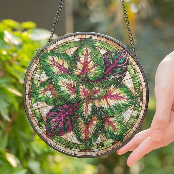 Calathea Medallion Glass Suncatcher v2, Tropical Plant Window Hanging, Botanical Lover, 3.5 in