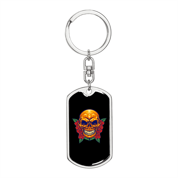 Calavera Mexican Day of the Dead Mexican Sugar Skull Stainless Steel or 18k Gold Premium Swivel Dog Tag Keychain