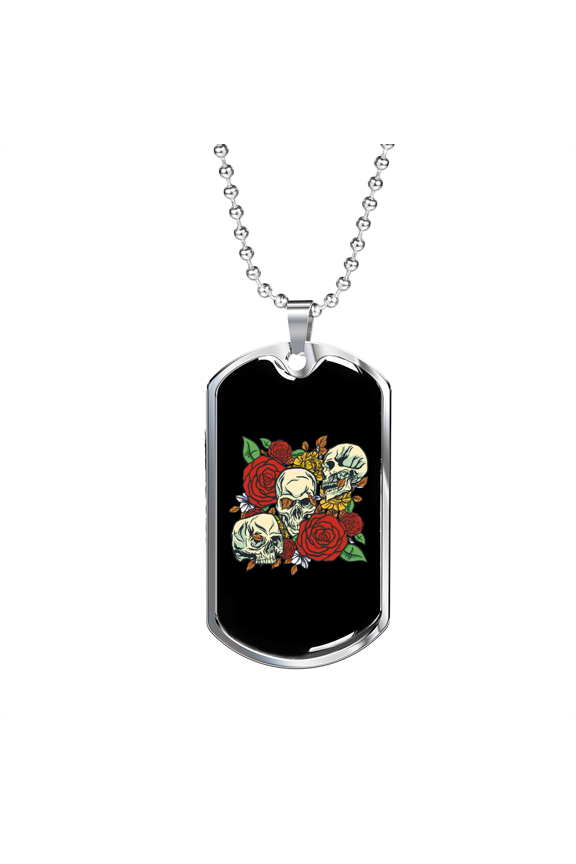 Calavera Mexican Skulls Dog Tag Necklace Stainless Steel 24" Chain Silver Tone or Gold Tone