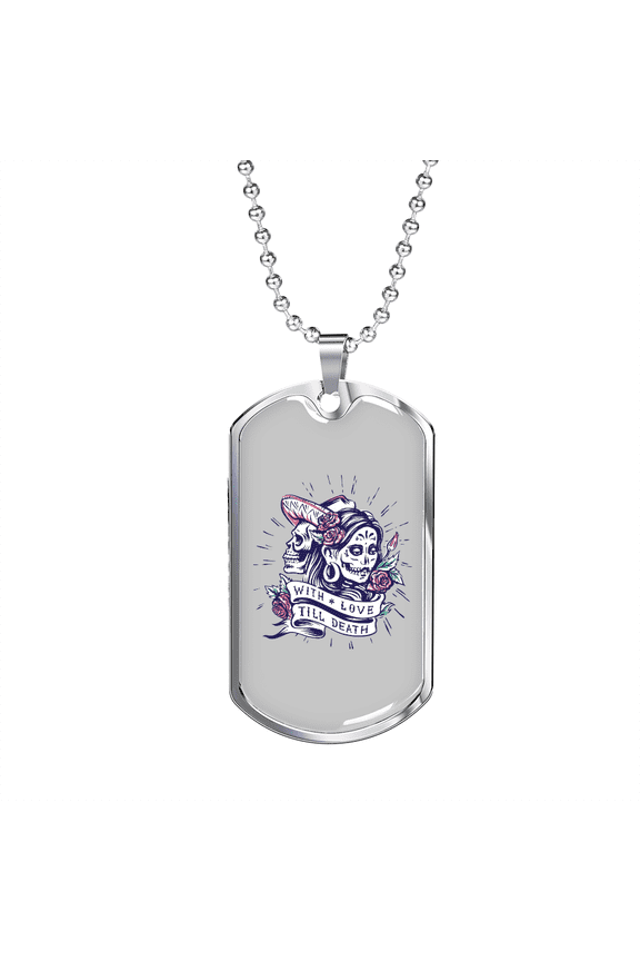 Calavera Mexican Sugar Dia de Los Muertos Purple Dog Tag Necklace Stainless Steel 24" Chain Silver Tone or Gold Tone