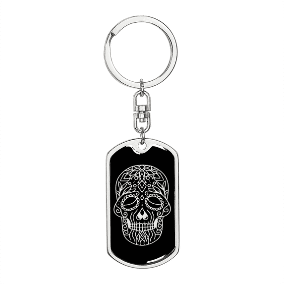 Calavera Mexican Sugar Skull 123 Stainless Steel or 18k Gold Premium Swivel Dog Tag Keychain