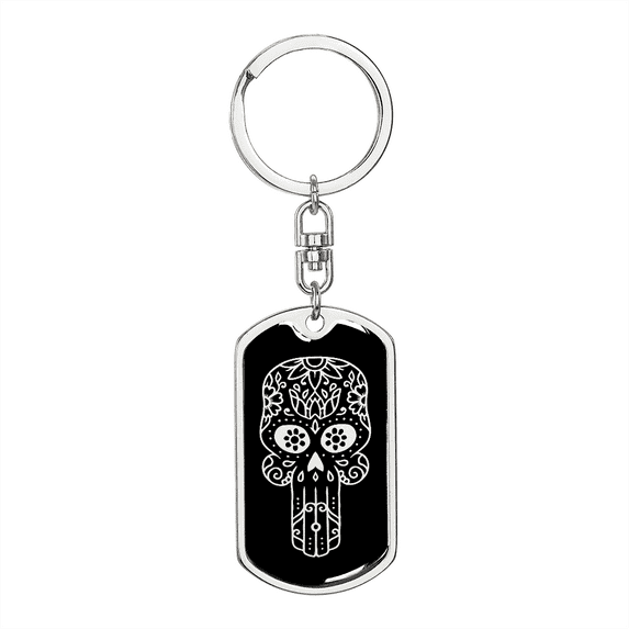 Calavera Mexican Sugar Skull 57 Stainless Steel or 18k Gold Premium Swivel Dog Tag Keychain