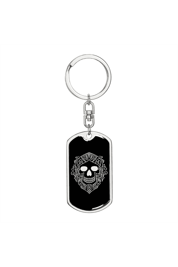 Calavera Mexican Sugar Skull 90 Stainless Steel or 18k Gold Premium Swivel Dog Tag Keychain