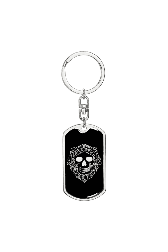 Calavera Mexican Sugar Skull 90 Dog Tag Keychain Stainless Steel Silver Tone or Gold Tone