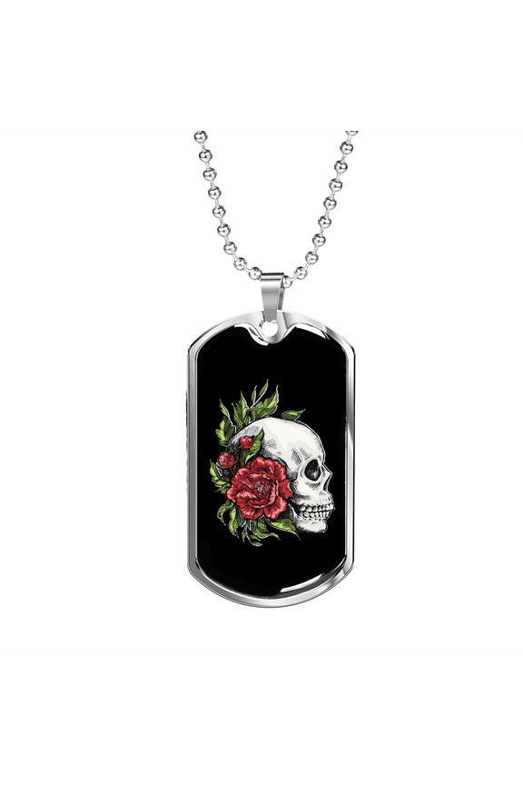 Calavera Mexican Sugar Skull and Roses Dog Tag Necklace Stainless Steel 24" Chain Silver Tone or Gold Tone