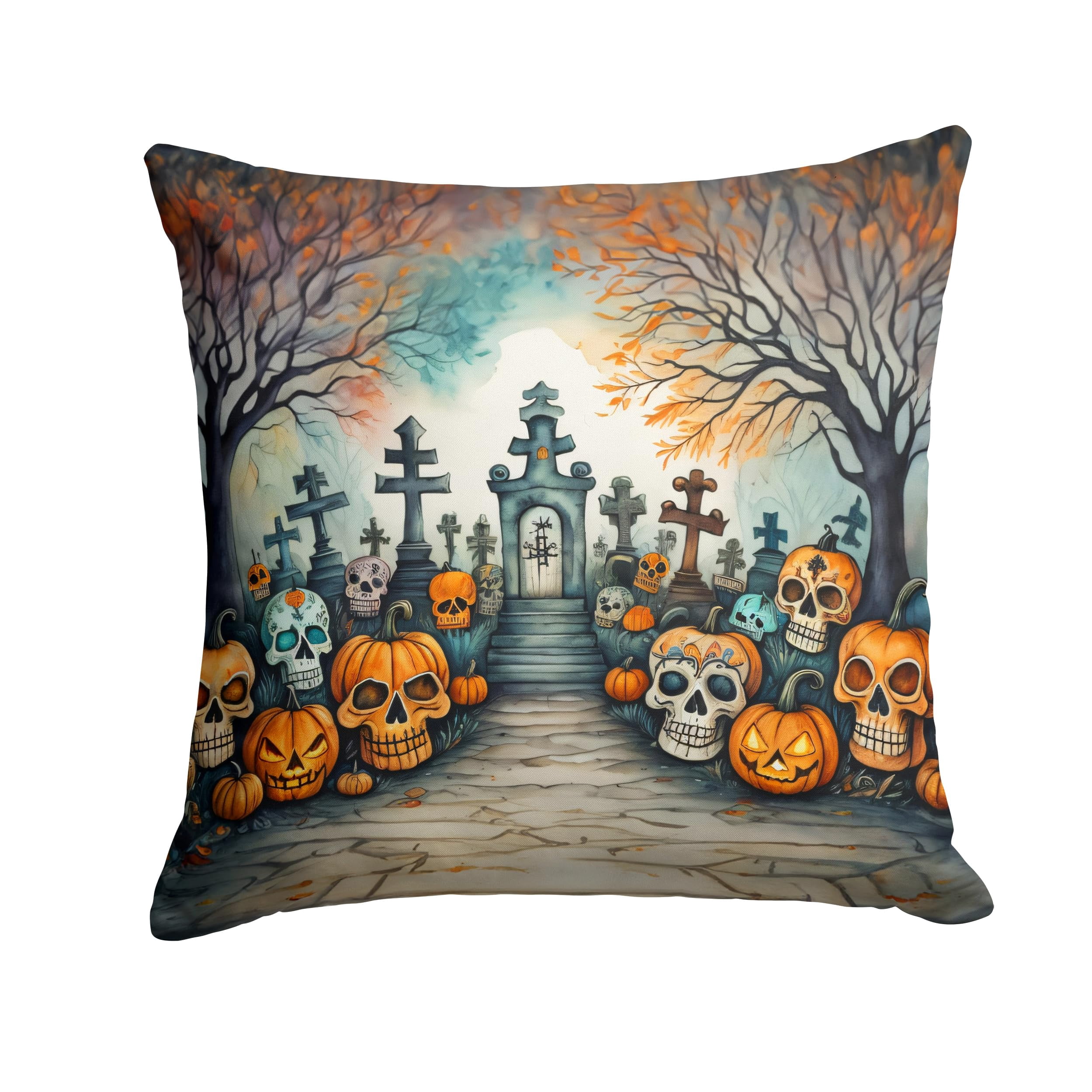 Calaveras Sugar Skulls Spooky Halloween Fabric Decorative Pillow 14 in x 14 in