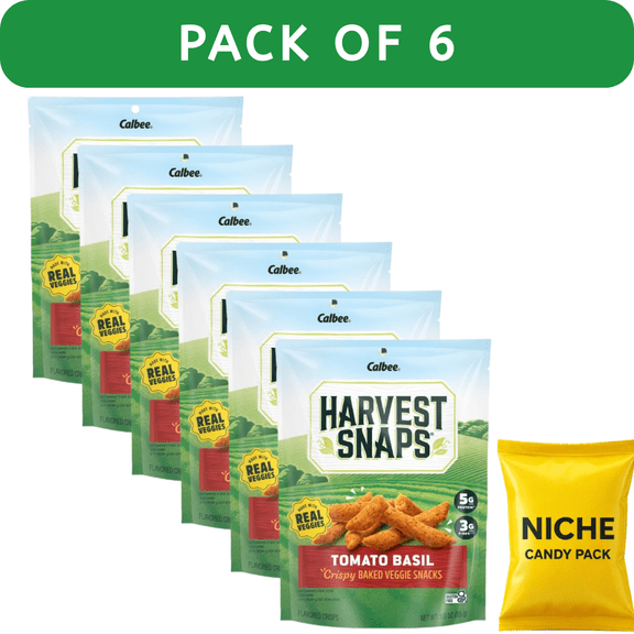 Calbee Harvest Snaps Tomato Basil Red Lentil Snack Crisps, 3oz (6Pack) Baked Veggie Bites, GlutenFree, PlantBased Healthy Snacks