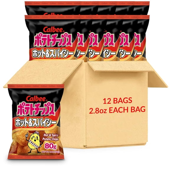 Calbee Hot & Spicy Potato Chips, 2.8 oz (Pack of 12) | Taste The Tradition of Japanese Snacks | Enjoy These Irresistible & Deliciously Crunchy Japanese Chips