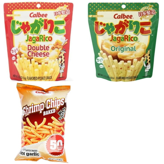 Calbee Shrimp Chip and Jagarico 3 Flavor Mix Bundle(Jagarico Double Cheese,Jagarico Original,Shrimp Hot Garlic) Plus NineChef Brand Spoon