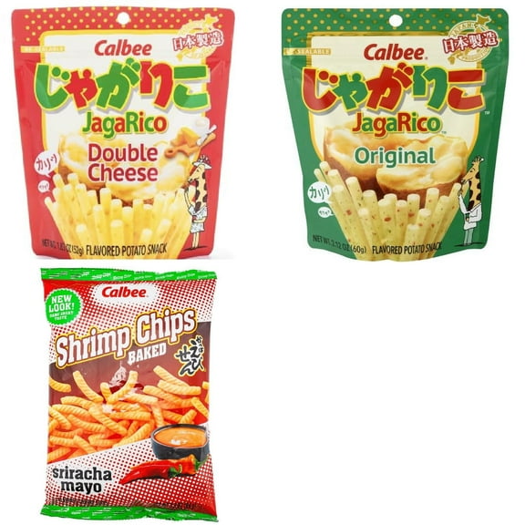 Calbee Shrimp Chip and Jagarico 3 Flavor Mix Bundle(Jagarico Double Cheese,Jagarico Original,Shrimp Sriracha Mayo) Plus NineChef Brand Spoon