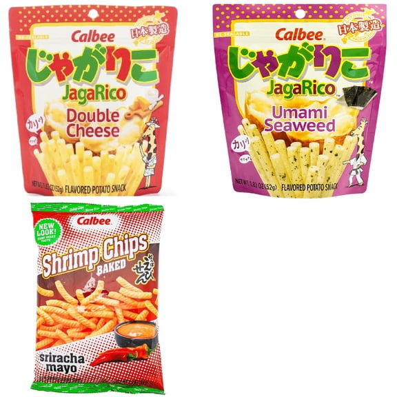 Calbee Shrimp Chip and Jagarico 3 Flavor Mix Bundle(Jagarico Double Cheese,Jagarico Umami Seaweed,Shrimp Sriracha Mayo) Plus NineChef Brand Spoon
