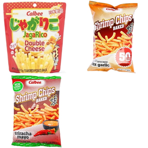 Calbee Shrimp Chip and Jagarico 3 Flavor Mix Bundle(Jagarico Double Cheese,Shrimp Hot Garlic,Shrimp Sriracha Mayo) Plus NineChef Brand Spoon