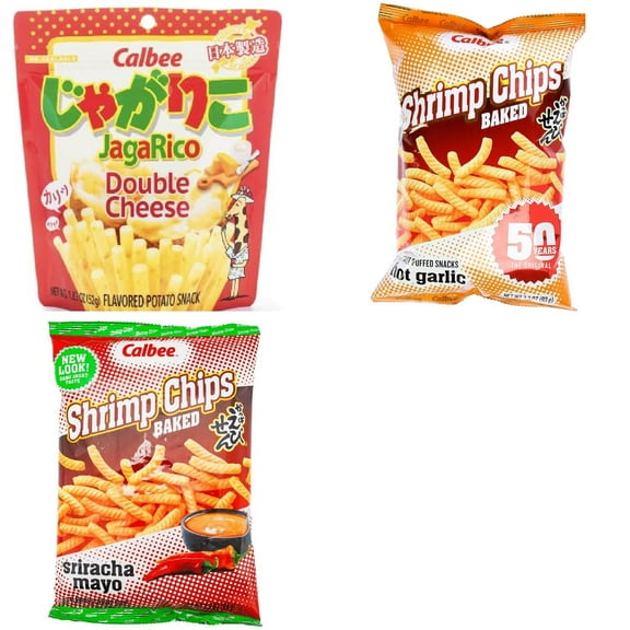 Calbee Shrimp Chip and Jagarico 3 Flavor Mix Bundle(Jagarico Double Cheese,Shrimp Hot Garlic,Shrimp Sriracha Mayo) Plus NineChef Brand Spoon