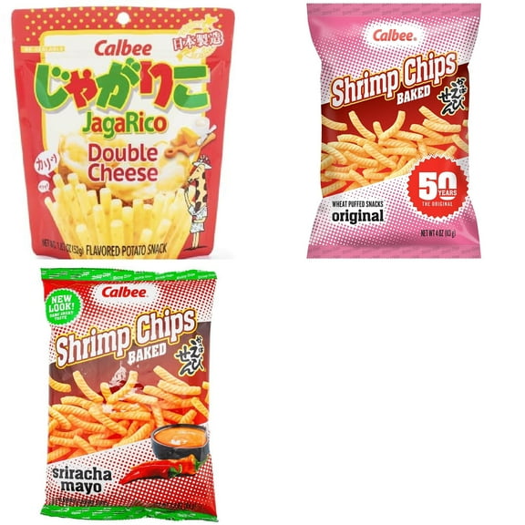 Calbee Shrimp Chip and Jagarico 3 Flavor Mix Bundle(Jagarico Double Cheese,Shrimp Original,Shrimp Sriracha Mayo) Plus NineChef Brand Spoon