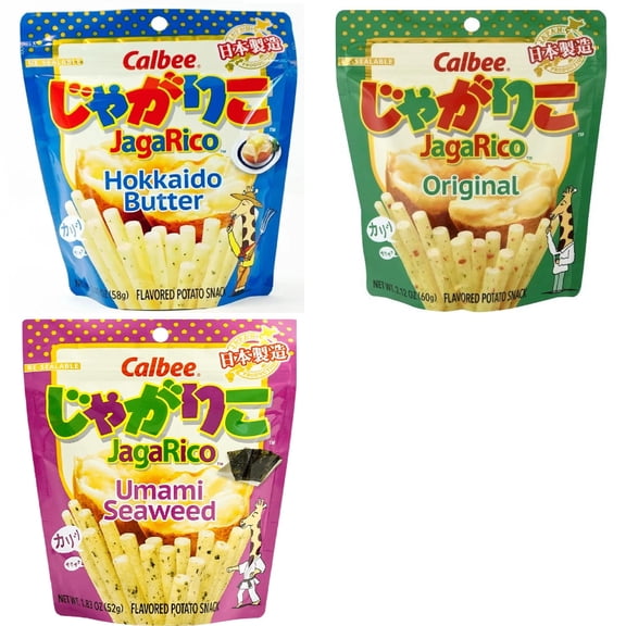 Calbee Shrimp Chip and Jagarico 3 Flavor Mix Bundle(Jagarico Hokkaido Butter,Jagarico Original,Jagarico Umami Seaweed) Plus NineChef Brand Spoon