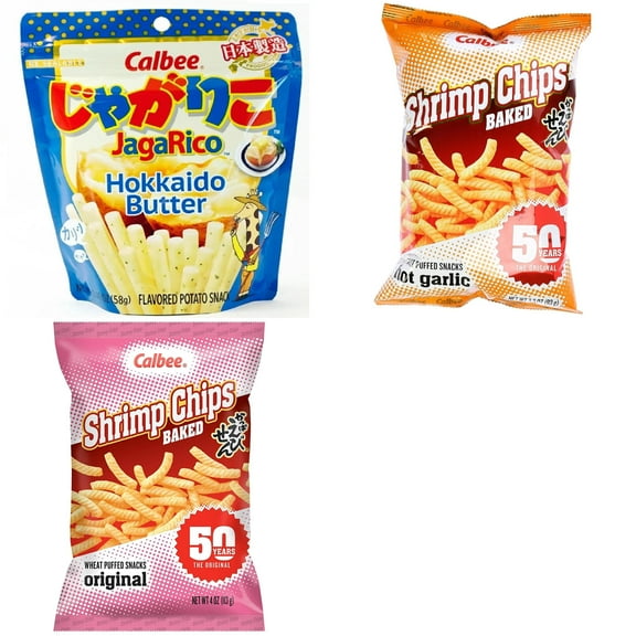 Calbee Shrimp Chip and Jagarico 3 Flavor Mix Bundle(Jagarico Hokkaido Butter,Shrimp Hot Garlic,Shrimp Original) Plus NineChef Brand Spoon