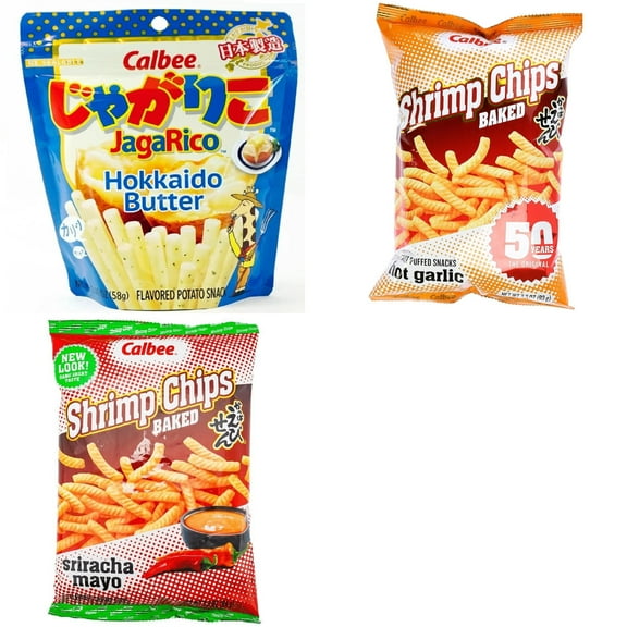 Calbee Shrimp Chip and Jagarico 3 Flavor Mix Bundle(Jagarico Hokkaido Butter,Shrimp Hot Garlic,Shrimp Sriracha Mayo) Plus NineChef Brand Spoon