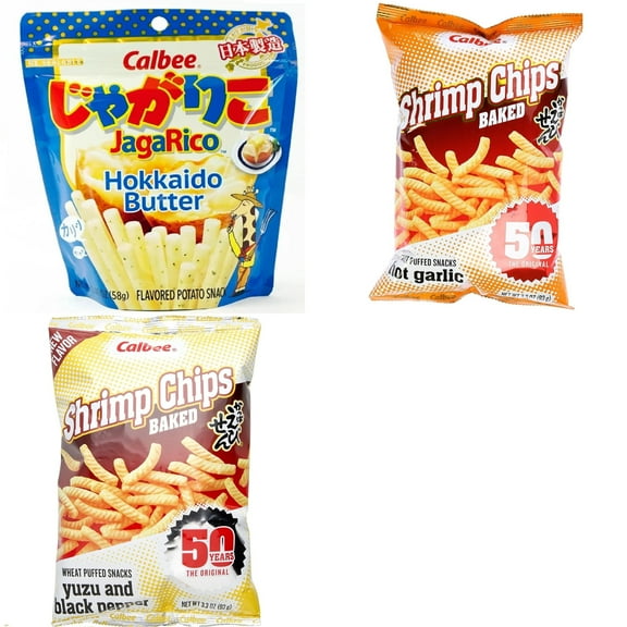 Calbee Shrimp Chip and Jagarico 3 Flavor Mix Bundle(Jagarico Hokkaido Butter,Shrimp Hot Garlic,Shrimp Yuzu Pepper) Plus NineChef Brand Spoon
