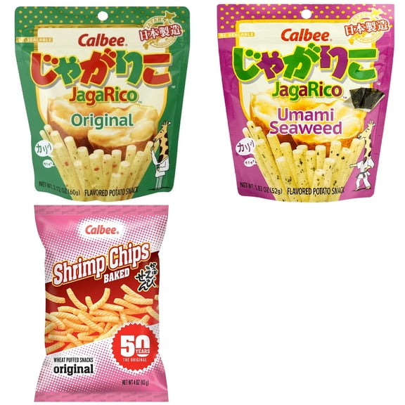 Calbee Shrimp Chip and Jagarico 3 Flavor Mix Bundle(Jagarico Original,Jagarico Umami Seaweed,Shrimp Original) Plus NineChef Brand Spoon