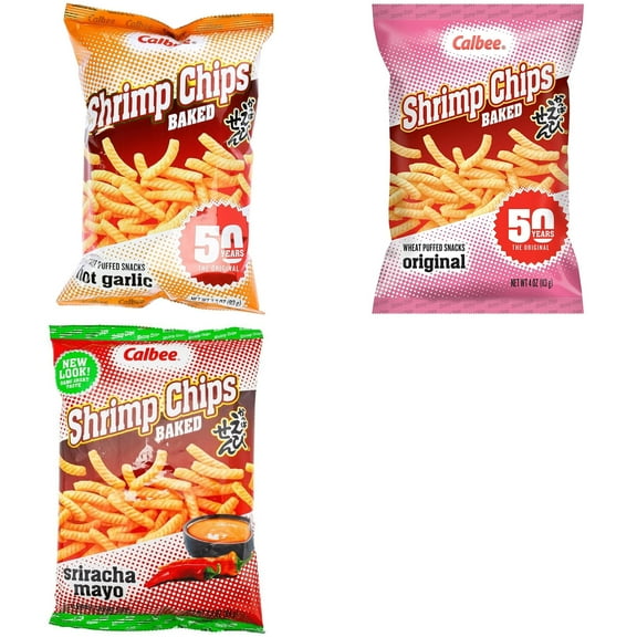Calbee Shrimp Chip and Jagarico 3 Flavor Mix Bundle(Shrimp Hot Garlic,Shrimp Original,Shrimp Sriracha Mayo) Plus NineChef Brand Spoon