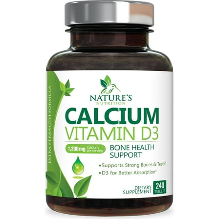 Calcium Supplement 1200 mg - with Vitamin D3 for Best Absorption - Supports Immune Health, Bones & Teeth - Nature's Calcium Carbonate   1600 IU of D3 - Bottled in USA for Women & Men - 240 Tablets